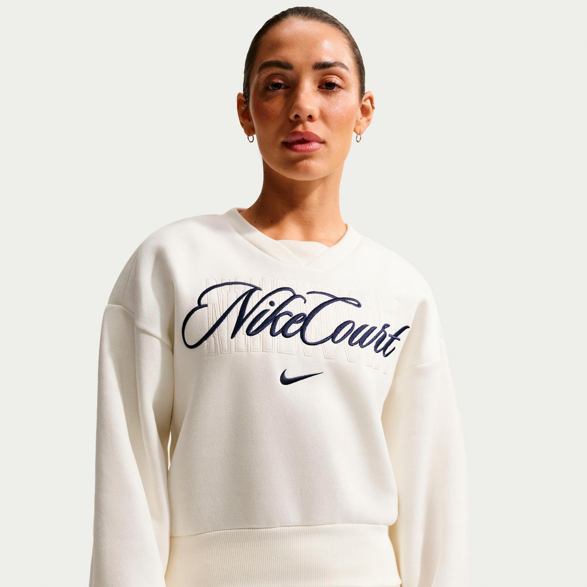 Nike Court Fleece Crew Felpa Donna-crema, blu scuro